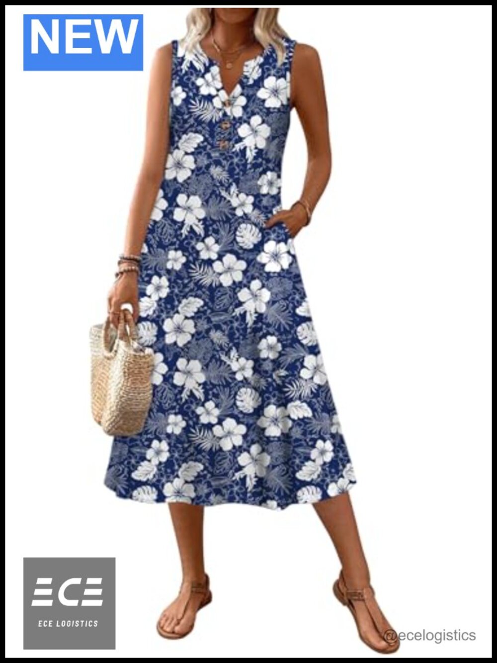 Sleeveless V-Neck A-Line Midi Dress with Pockets for Beach Vacation